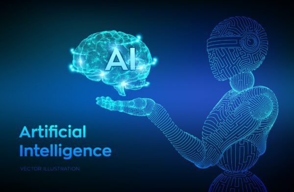 AI. Artificial intelligence. AI in the form of cyborg or bot. Wireframe robot. Digital brain. Brain in robotic hand. Machine learning. Graphic design concept of future. Vector illustration. AI. Artificial intelligence. AI in the form of cyborg or bot. Wireframe robot. Digital brain. Brain in robotic hand. Machine learning. Graphic design concept of future. Vector illustration