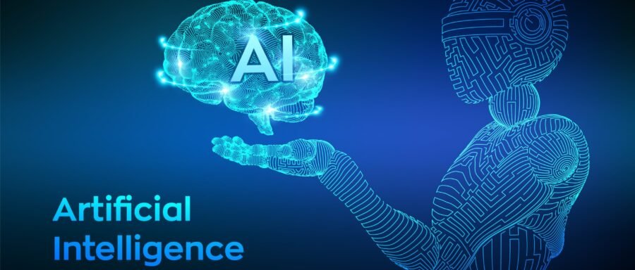 AI. Artificial intelligence. AI in the form of cyborg or bot. Wireframe robot. Digital brain. Brain in robotic hand. Machine learning. Graphic design concept of future. Vector illustration