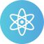White atom symbol on blue circle background.
